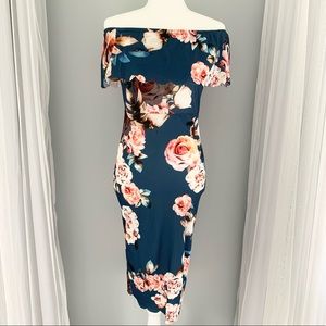 Floral Off-the-Shoulder Midi Bodycon Dress